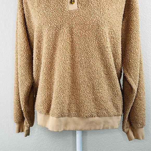 Donni Camel Tan Sherpa Long Sleeve Henley Oversized Pullover Sweatshirt SM/MD - Picture 7 of 14